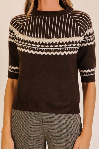 Brown Fair Isle Mock Neck Short Sleeve Knit Sweater
