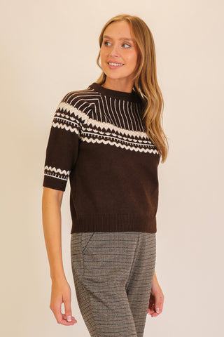 Brown Fair Isle Mock Neck Short Sleeve Knit Sweater