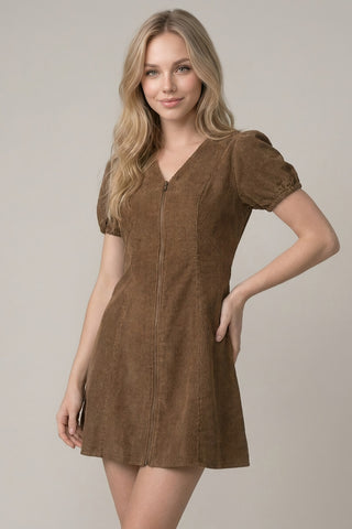 Corduroy Puff Sleeve Zip-Up Mini Dress