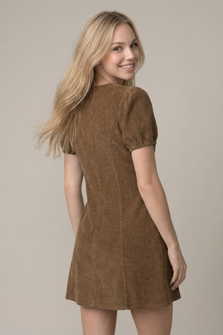 Corduroy Puff Sleeve Zip-Up Mini Dress
