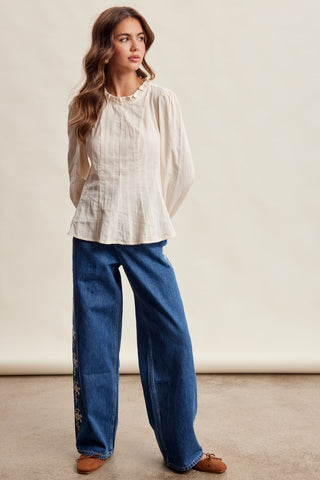 Textured Ruffle Neck Blouse