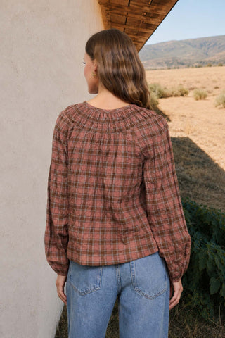 Plaid Shirred Yoke Front Tie LS Top