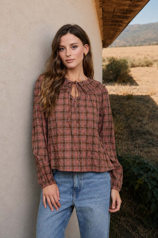 Plaid Shirred Yoke Front Tie LS Top
