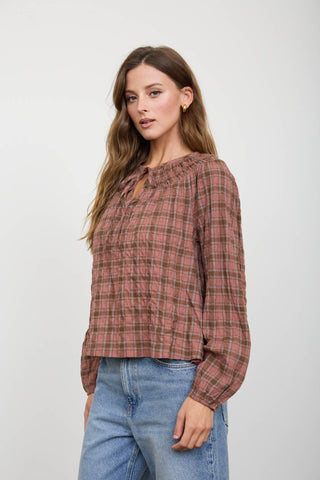 Plaid Shirred Yoke Front Tie LS Top