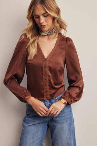 Lace Trim Satin Blouse