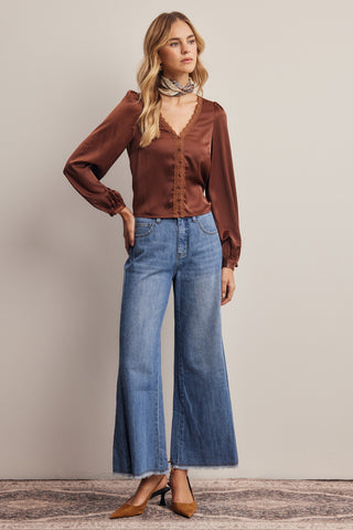 Lace Trim Satin Blouse
