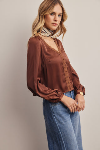 Lace Trim Satin Blouse