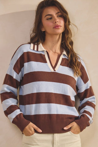 Striped Collared V-Neck Knit Top