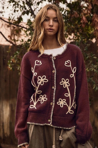 Floral Vine Embroidery Crewneck Cardigan