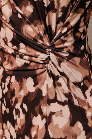 Abstract Gathered Side Knot Midi Dress
