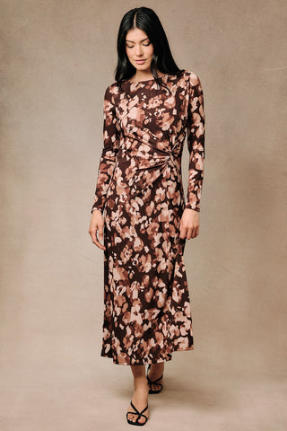 Abstract Gathered Side Knot Midi Dress