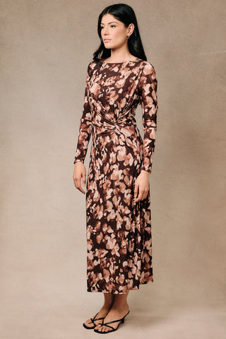 Abstract Gathered Side Knot Midi Dress