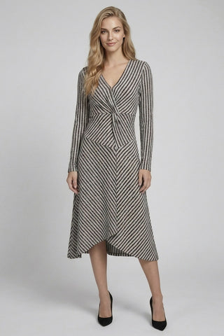 Blue/Charcoal Stripe Jacquard Twist Midi Dress