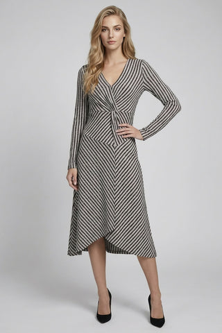 Blue/Charcoal Stripe Jacquard Twist Midi Dress