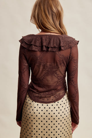 Stretch Lace Ruffle Tie Mesh Top
