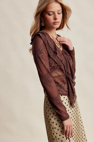 Stretch Lace Ruffle Tie Mesh Top