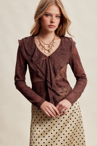 Stretch Lace Ruffle Tie Mesh Top