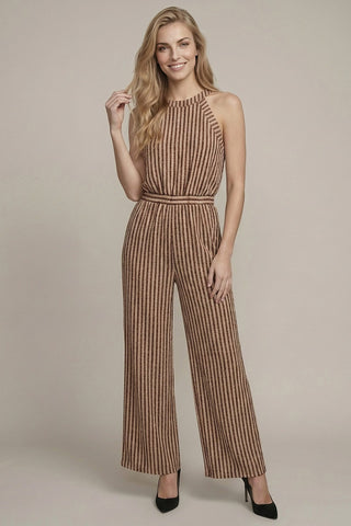 Stripe Jacquard Halter Wide Leg Jumpsuit