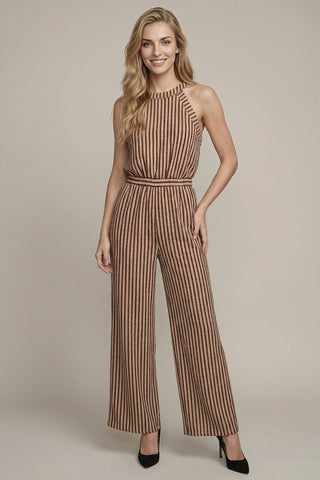 Stripe Jacquard Halter Wide Leg Jumpsuit
