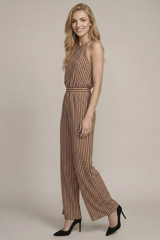 Stripe Jacquard Halter Wide Leg Jumpsuit