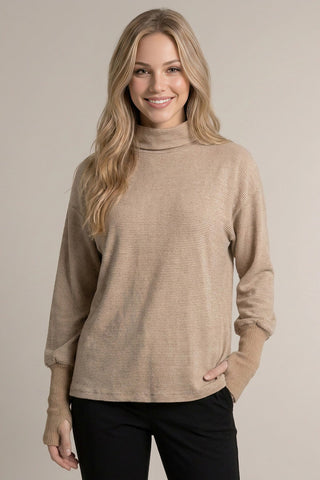 Slouchy Cowl Mock Neck Pin Stripe Long Sleeve Top