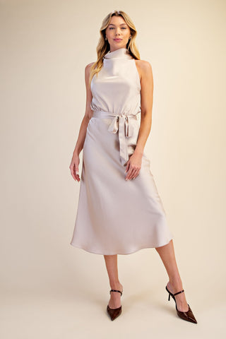 Champagne Satin Cowl Neck Midi Tie Dress