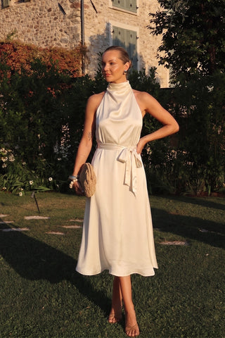 Champagne Satin Cowl Neck Midi Tie Dress | JQ Clothing Co.