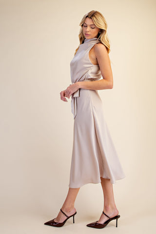 Champagne Satin Cowl Neck Midi Tie Dress
