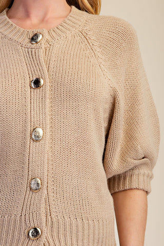 Beige Crew Neck Puff Sleeve Cardigan