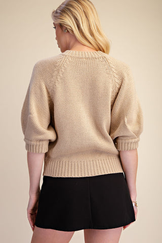 Beige Crew Neck Puff Sleeve Cardigan