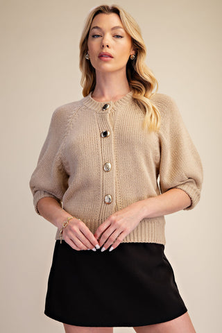 Beige Crew Neck Puff Sleeve Cardigan | JQ Clothing Co.
