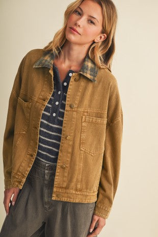 Camel Plaid Collar Vintage Washed Jacket