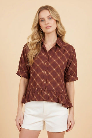 Burgundy Plaid Metallic Ruffle Hem Puff Sleeve Blouse