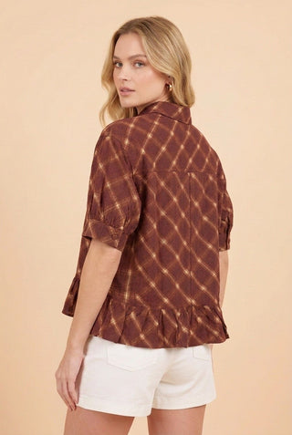 Burgundy Plaid Metallic Ruffle Hem Puff Sleeve Blouse