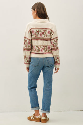 Cream Vintage Floral Jacquard Polo Cardigan Sweater