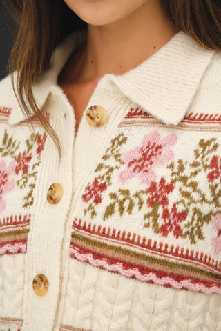 Cream Vintage Floral Jacquard Polo Cardigan Sweater
