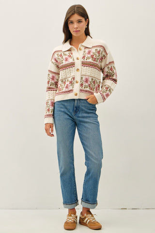 Cream Vintage Floral Jacquard Polo Cardigan Sweater