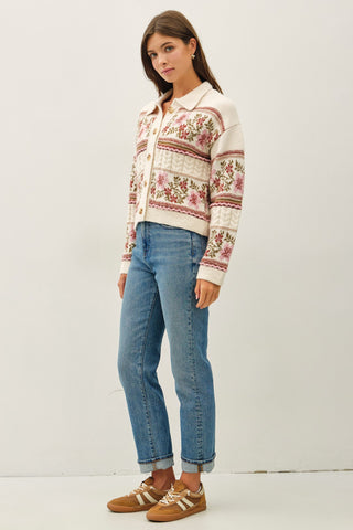 Cream Vintage Floral Jacquard Polo Cardigan Sweater