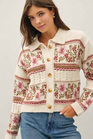 Cream Vintage Floral Jacquard Polo Cardigan Sweater