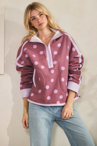 Polka Dot Contrast Half-Zip Pullover w/Pockets