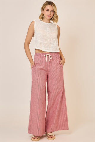Pinstripe Wide Leg Pants W/Drawstring