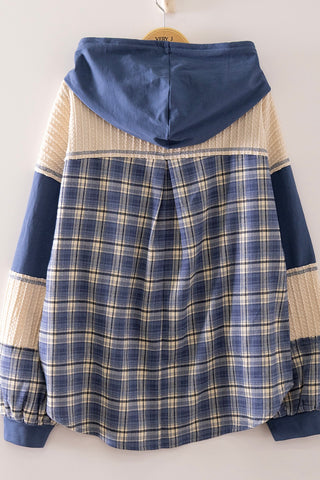 Curvy Denim Plaid Contrast Sleeve Hoodie