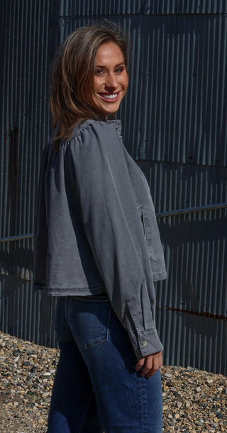 Shirring Detailed Shoulder Denim Jacket