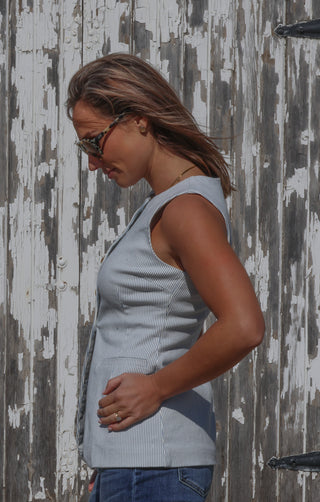 Pinstripe Longline Button Down Denim Vest