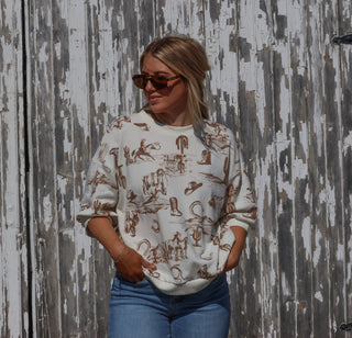 Western Print SS Drop Shoulder Top
