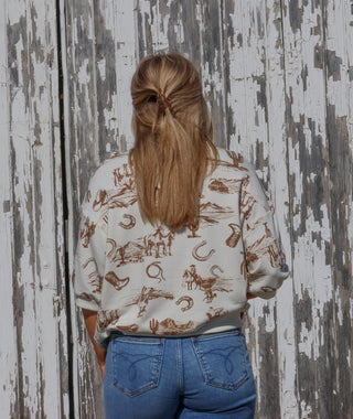 Western Print SS Drop Shoulder Top