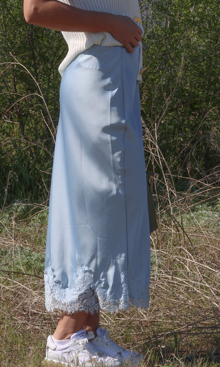 Lace Applique Satin Bias Midi Skirt