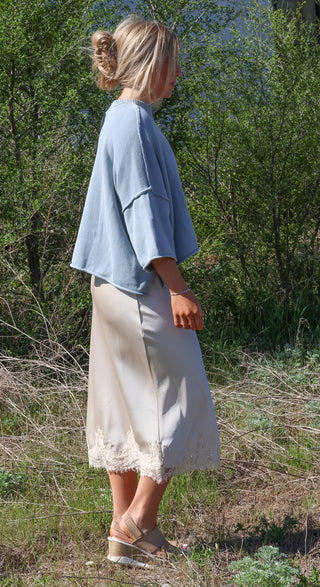 Lace Applique Satin Bias Midi Skirt