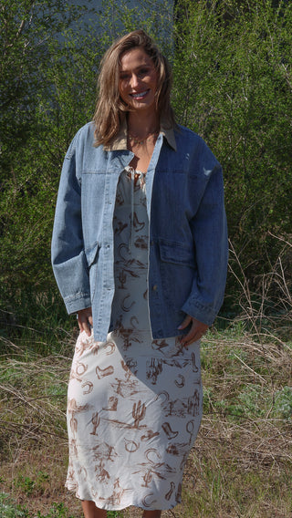 Western Print Front Tie Midi Dress
