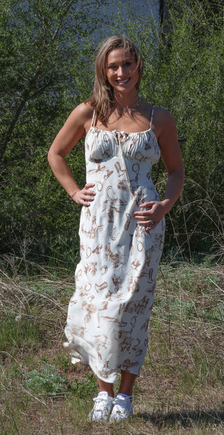 Western Print Front Tie Midi Dress